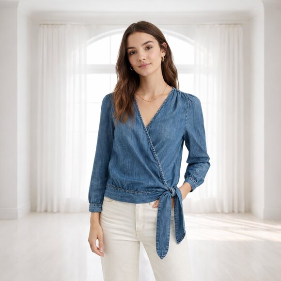 Madewell Tops - Madewell Tie Waist Denim Wrap Blouse XXS Blue V-Neck Long Sleeve Top